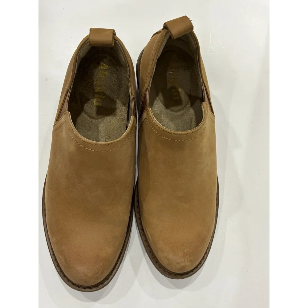 Alegria Women's Tan Leather Slip-On Ankle Booties Shoes Size 37.5 Slip Resistant